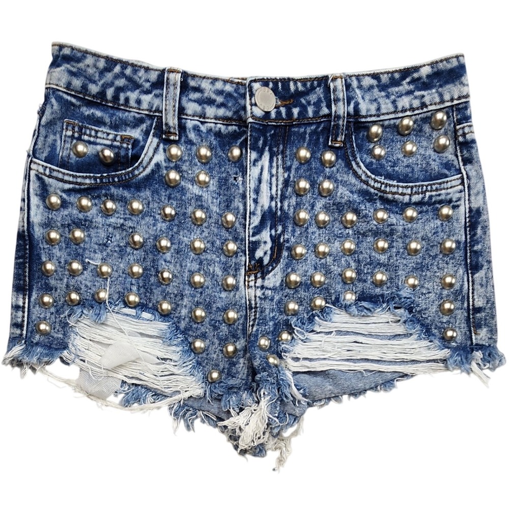 Boom Boom Jeans Studded Acid Wash Distressed Denim Shorts Blue Womens 7 Y2K